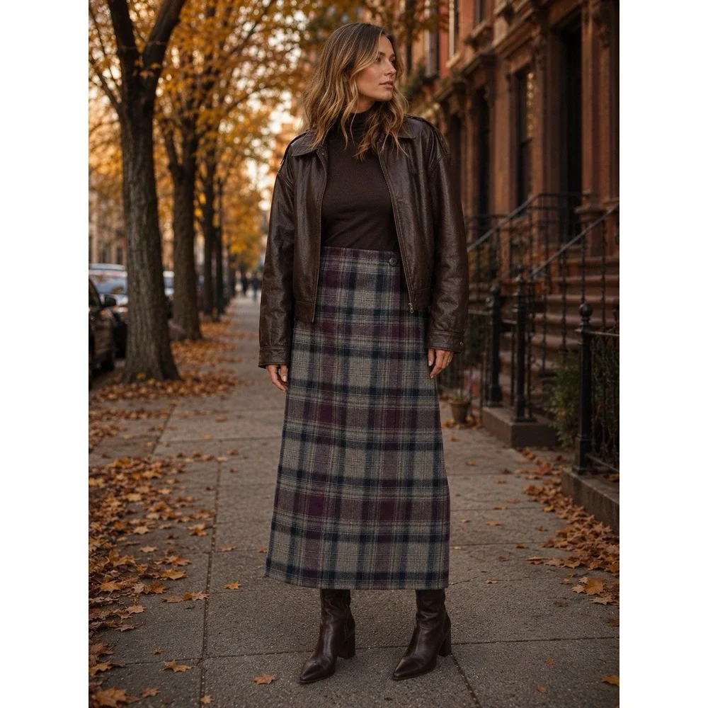 Vintage Talbots Purple Grey Plaid Wrap Skirt Wool Size 10
